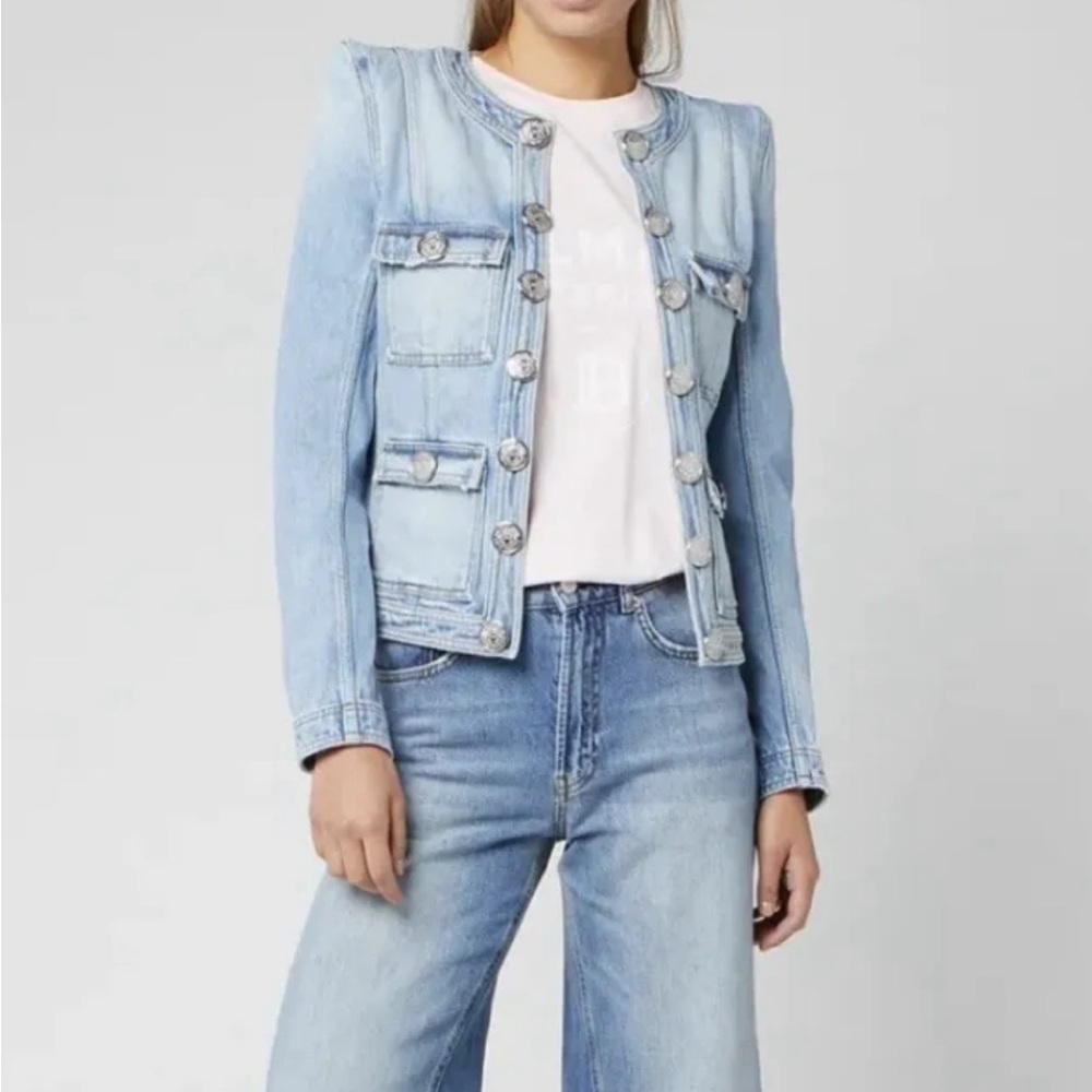 Balmain Washed Blue Denim Jacket with Silver Logo Buttons